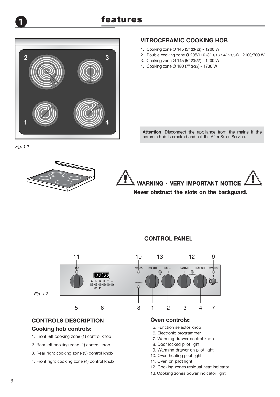 DeLonghi DEGLSC24SS warranty features, Vitroceramic Cooking Hob, Warning - Very Important Notice, Oven controls 