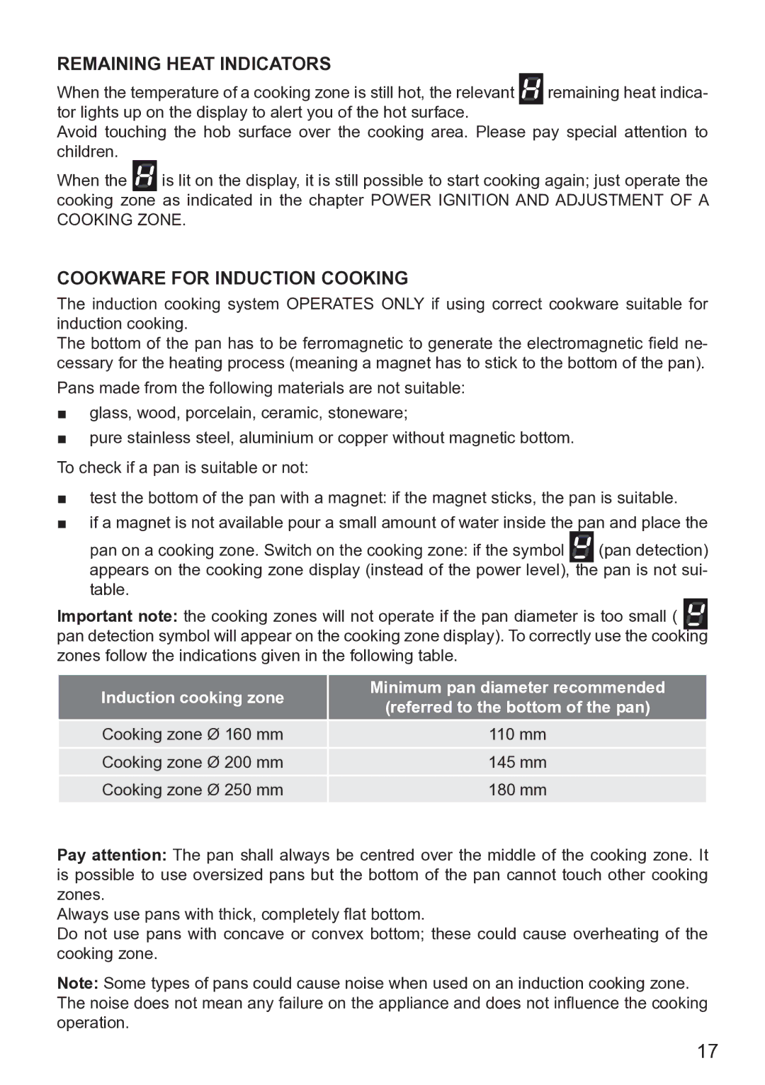 DeLonghi DEIND804, DEIND603, DEIND604 manual Remaining Heat Indicators, Cookware for Induction Cooking 