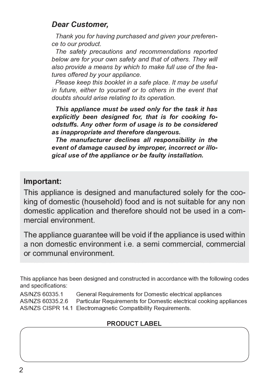 DeLonghi DEIND804, DEIND603, DEIND604 manual Dear Customer, Product Label 