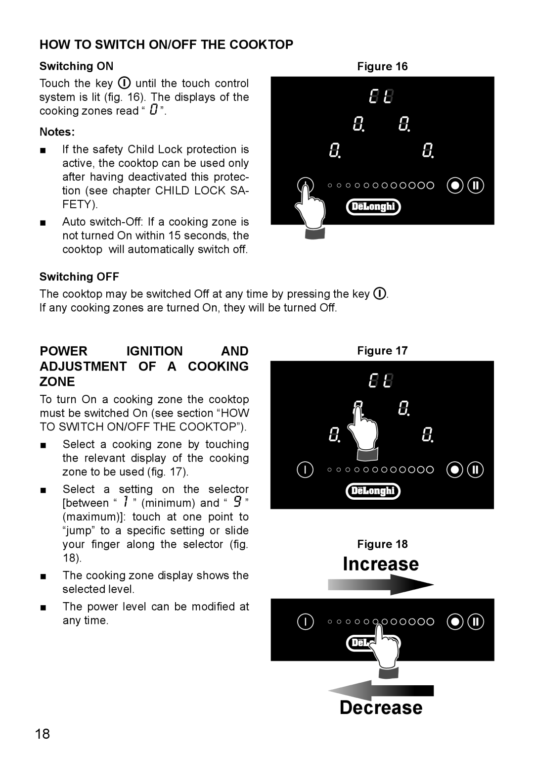 DeLonghi DEIND603 Increase, Decrease, How To Switch On/Off The Cooktop, Power Ignition And Adjustment Of A Cooking Zone 