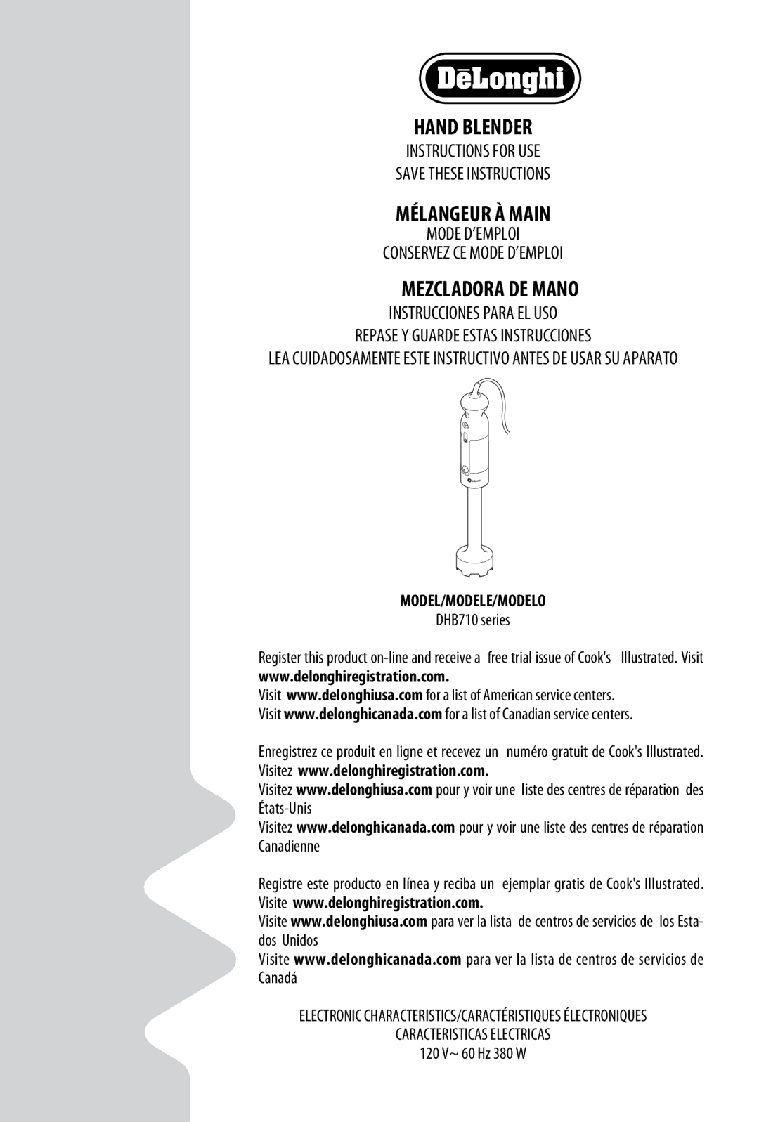 DeLonghi delonghi manual Model/Modele/Modelo, DHB710 series, 120 V~ 60 Hz 380 W 