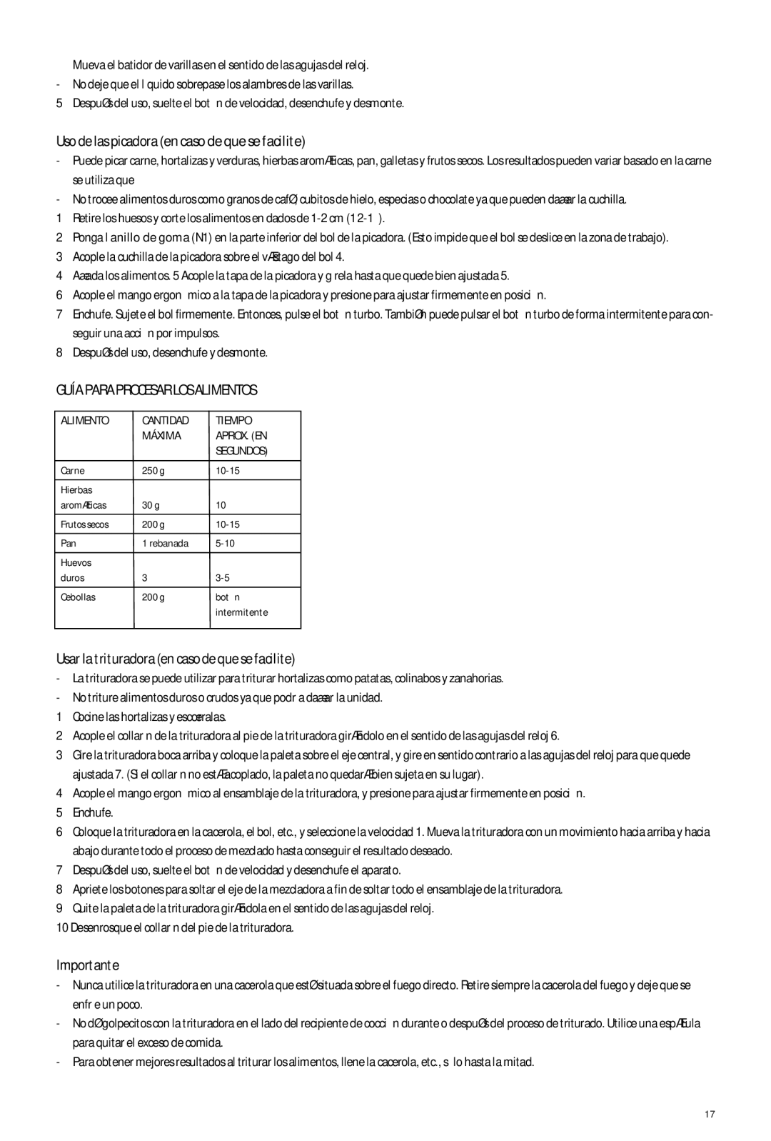 DeLonghi delonghi manual Uso de las picadora en caso de que se facilite, Guía Para Procesar LOS Alimentos, Importante 