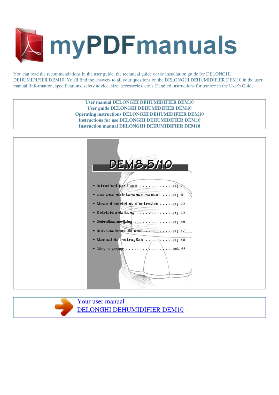 DeLonghi user manual Delonghi Dehumidifier DEM10 