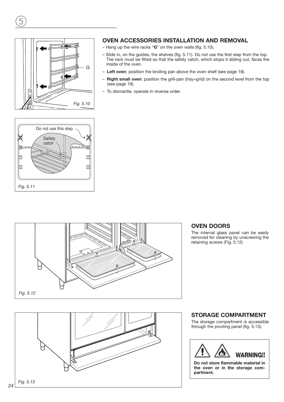 DeLonghi DESFGG36 warranty Oven Accessories Installation and Removal, Oven Doors, Storage Compartment 