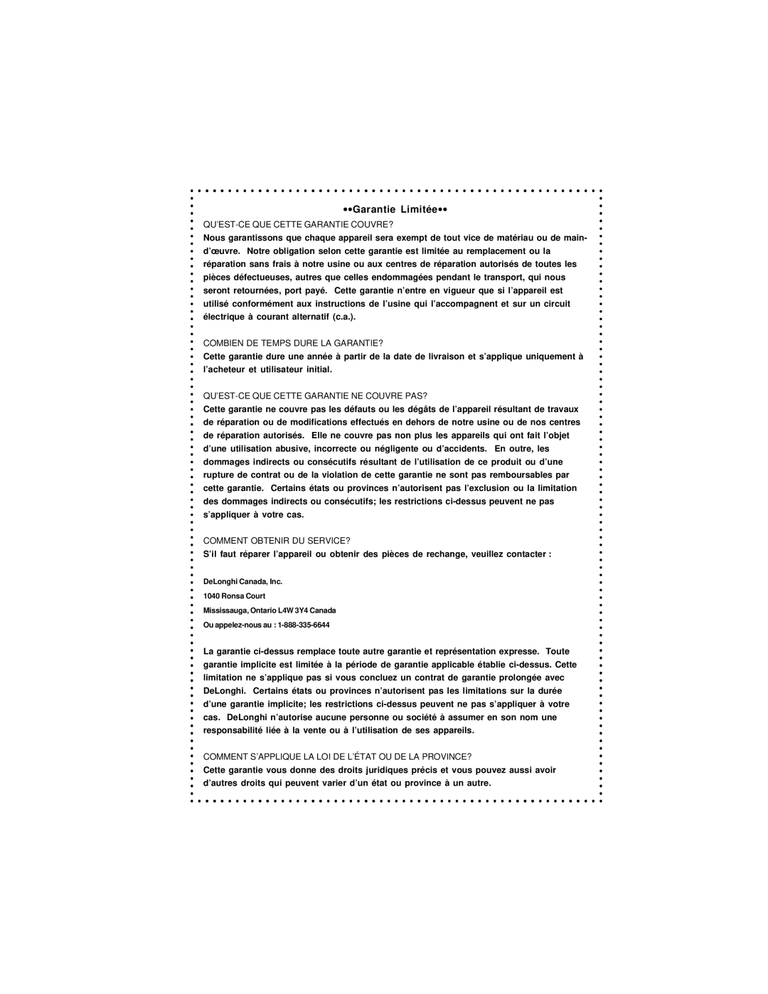 DeLonghi DFG440 Series instruction manual ∙∙Garantie Limitée ∙∙ 