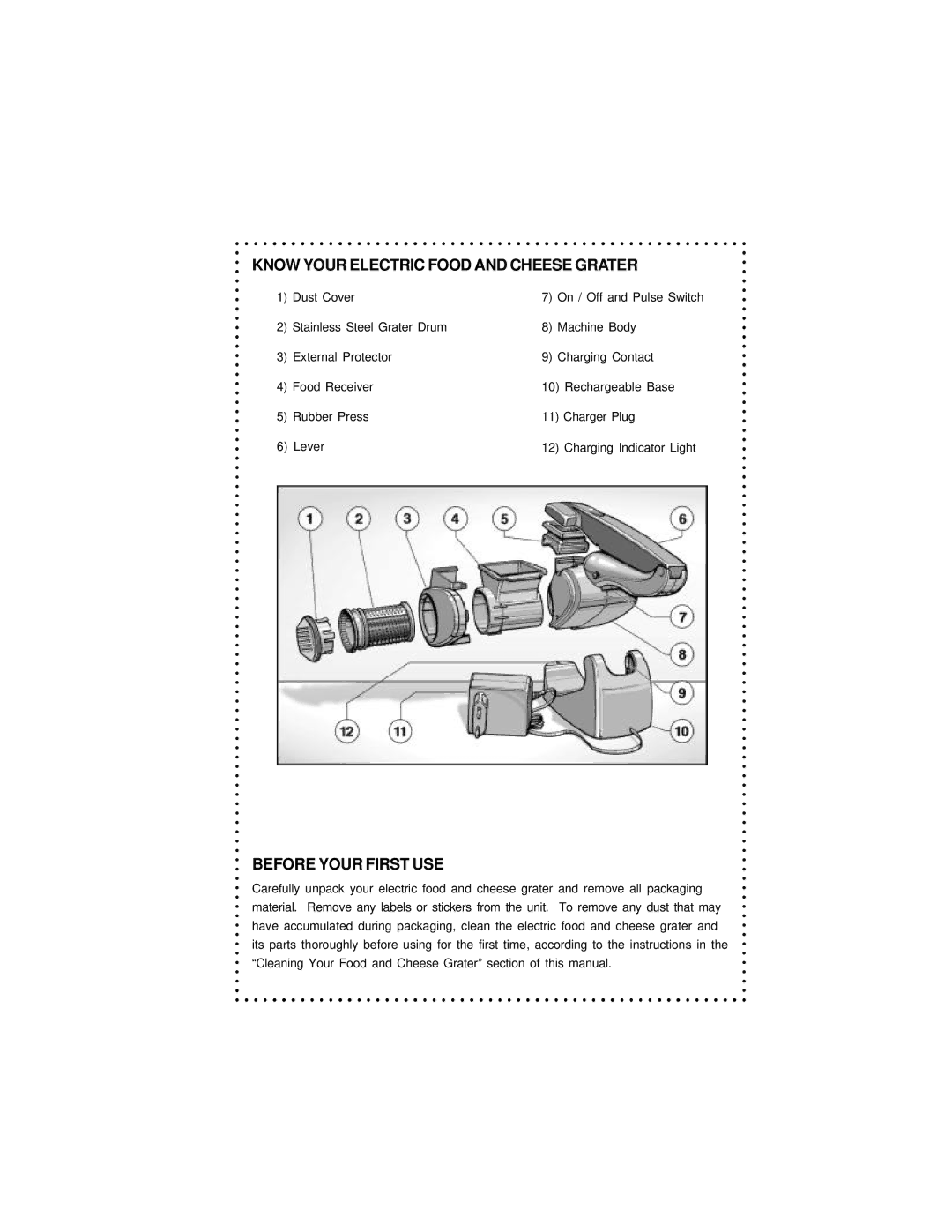 DeLonghi DFG440 Series instruction manual Know Your Electric Food and Cheese Grater, Before Your First USE 