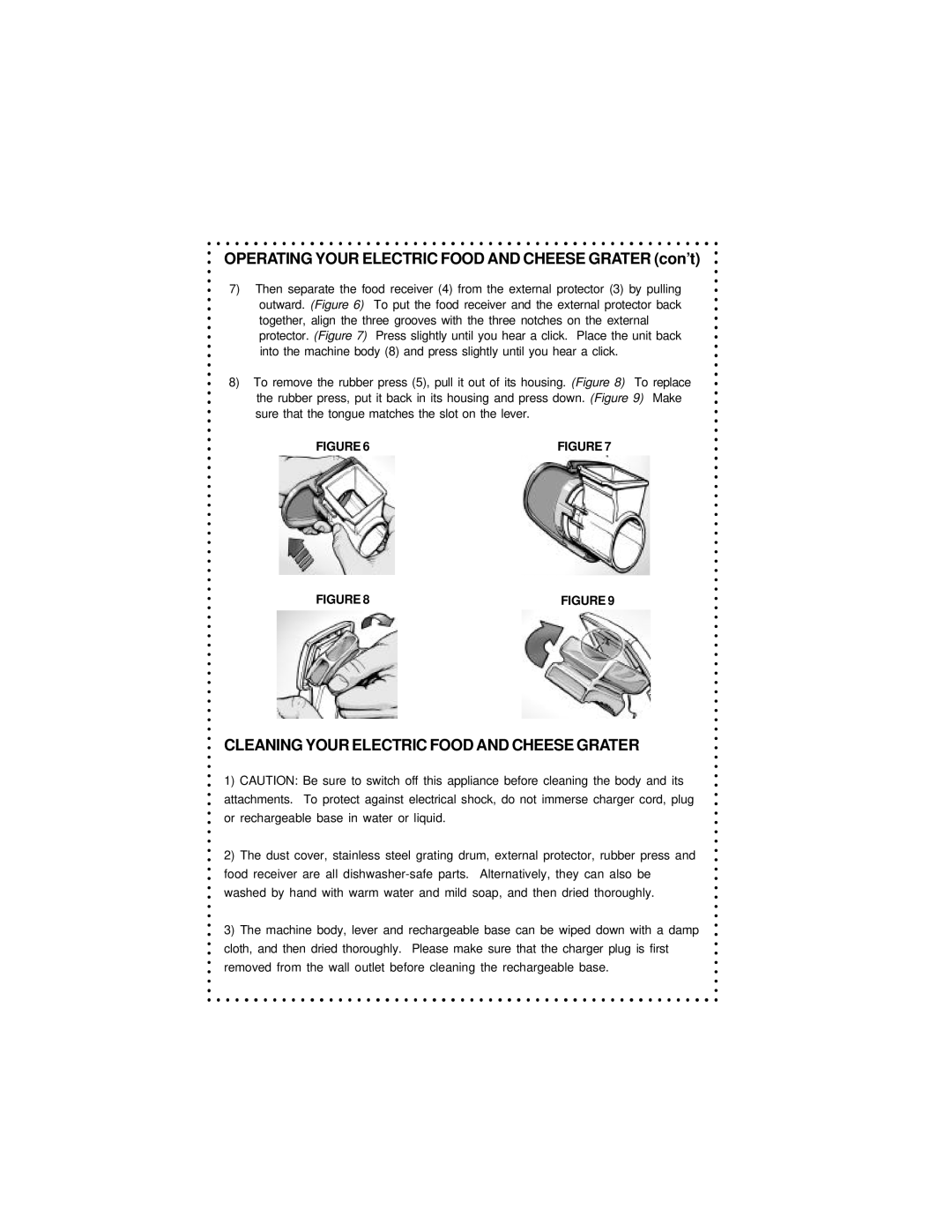 DeLonghi DFG440 Series instruction manual Cleaning Your Electric Food and Cheese Grater 