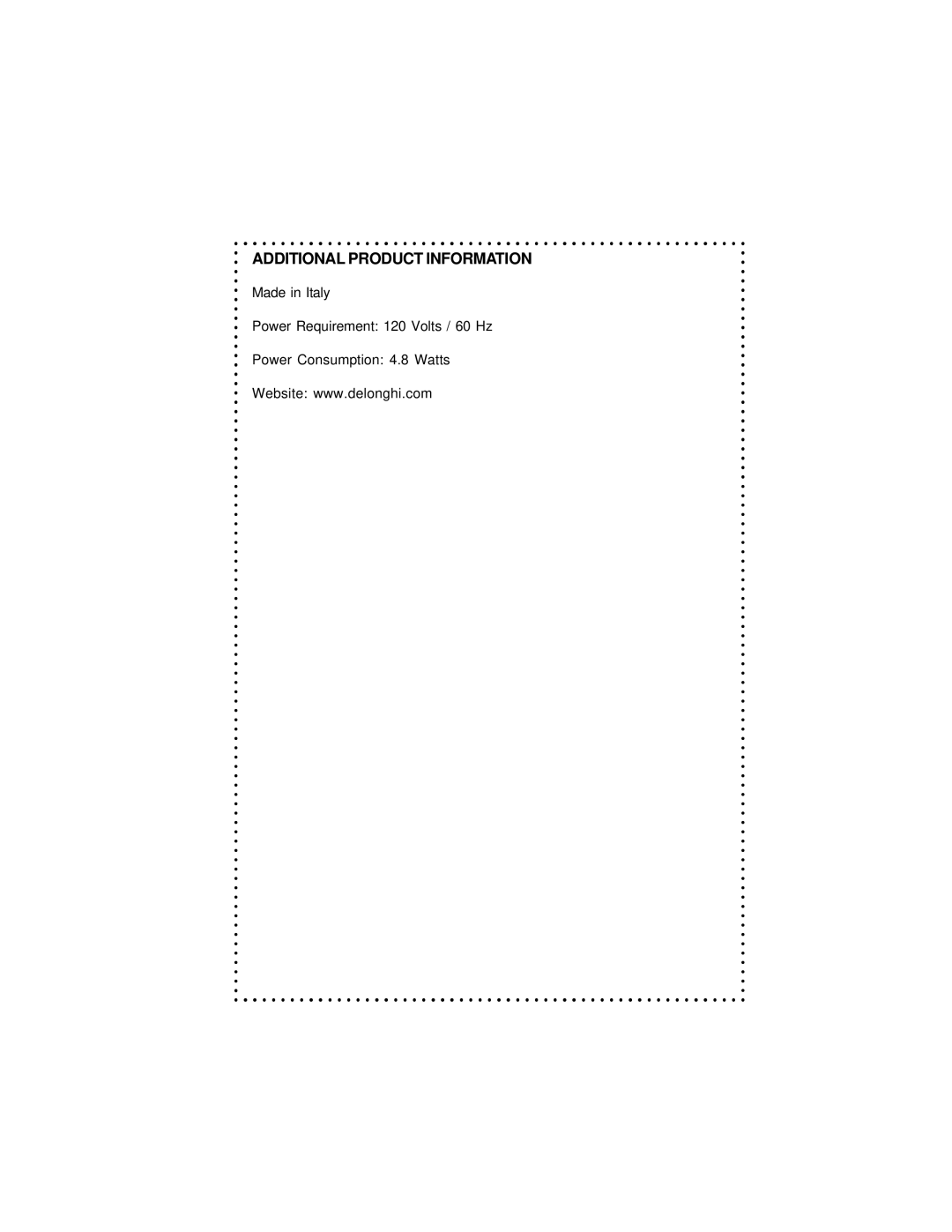 DeLonghi DFG440 Series instruction manual Additional Product Information 