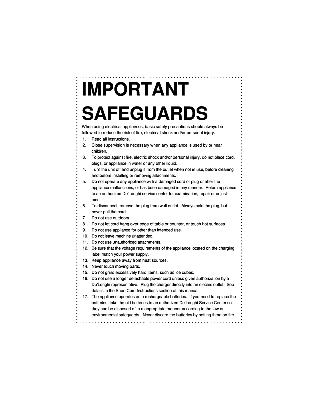 DeLonghi DFG440 Series instruction manual Important Safeguards 