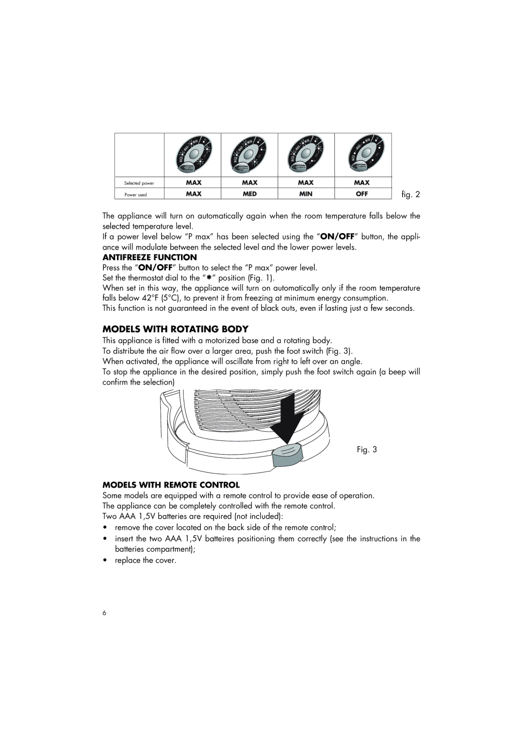 DeLonghi DFH550R manual Models with Rotating Body, Antifreeze Function, Models with Remote Control 