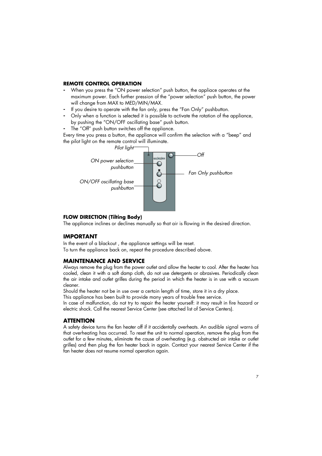 DeLonghi DFH550R manual Maintenance and Service, Remote Control Operation 