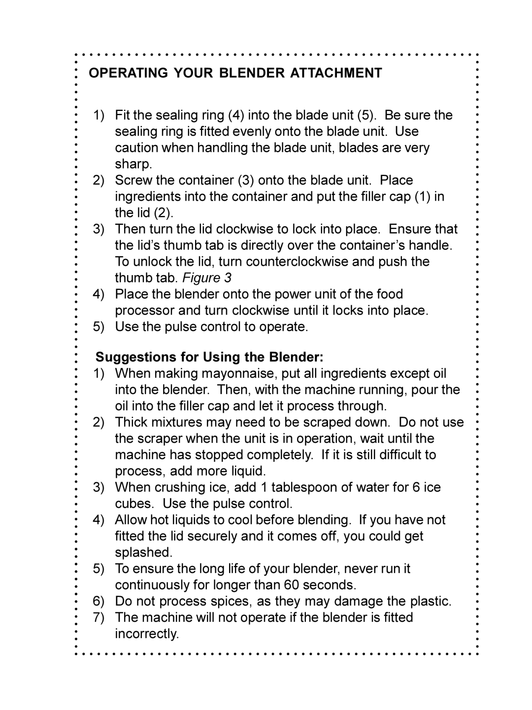 DeLonghi DFP690 Series instruction manual Operating Your Blender Attachment, Suggestions for Using the Blender 