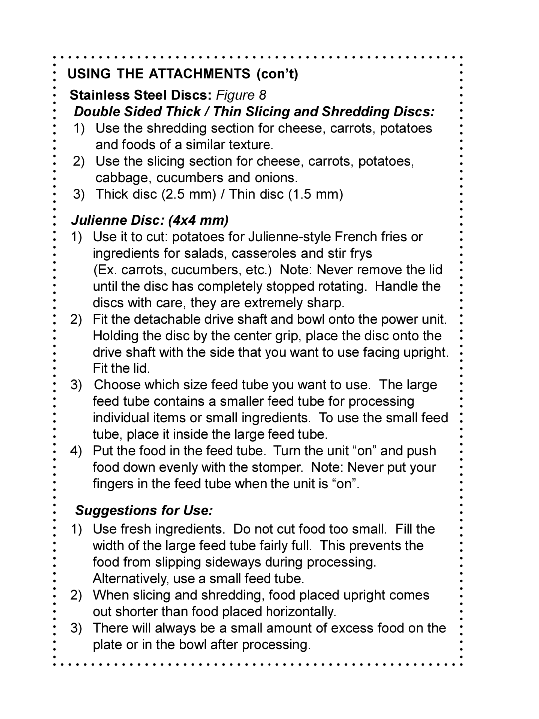 DeLonghi DFP690 Series instruction manual Using the Attachments con’t Stainless Steel Discs Figure 