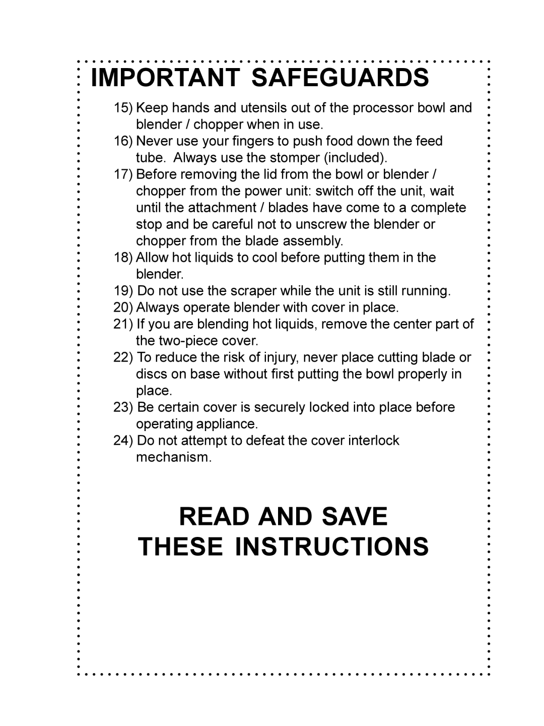 DeLonghi DFP690 Series instruction manual Read and Save These Instructions 