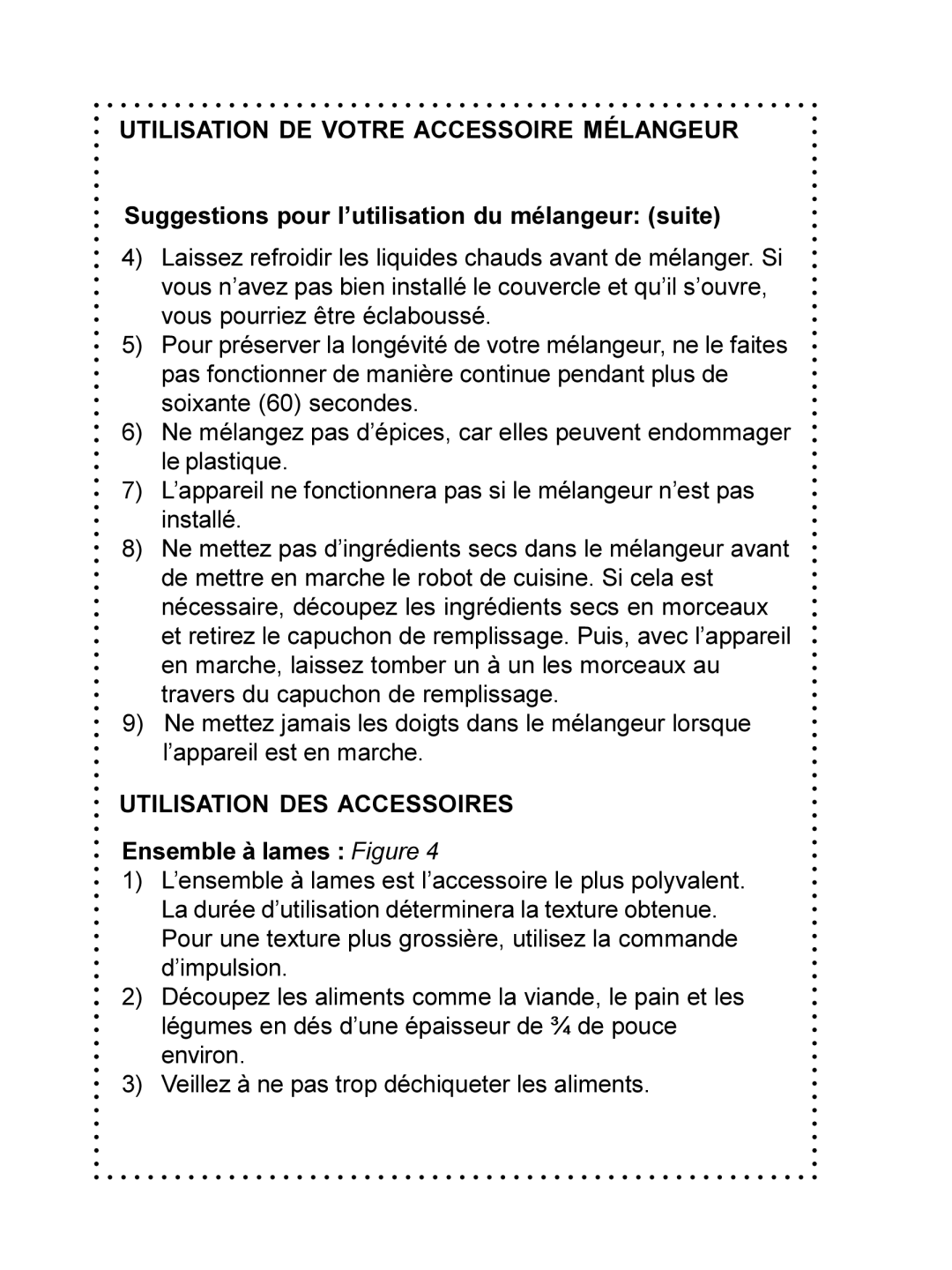 DeLonghi DFP690 Series instruction manual Suggestions pour l’utilisation du mélangeur suite, Utilisation DES Accessoires 