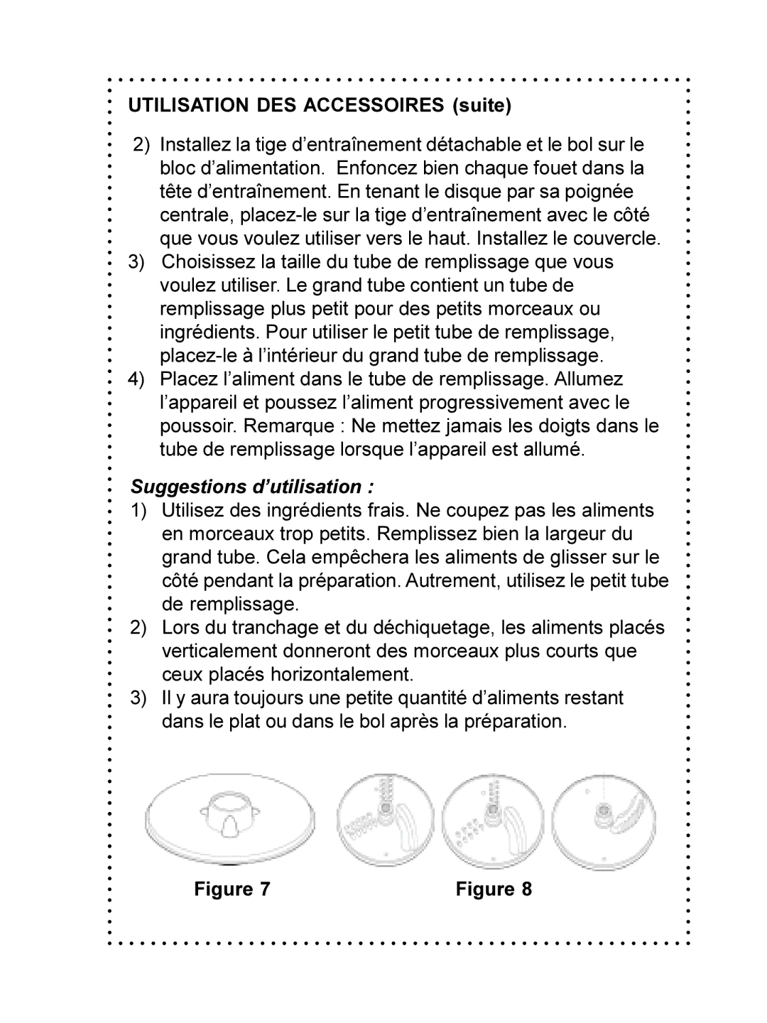 DeLonghi DFP690 Series instruction manual Utilisation DES Accessoires suite, Suggestions d’utilisation 