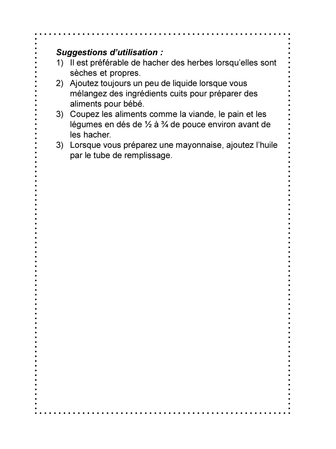 DeLonghi DFP690 Series instruction manual Suggestions d’utilisation 