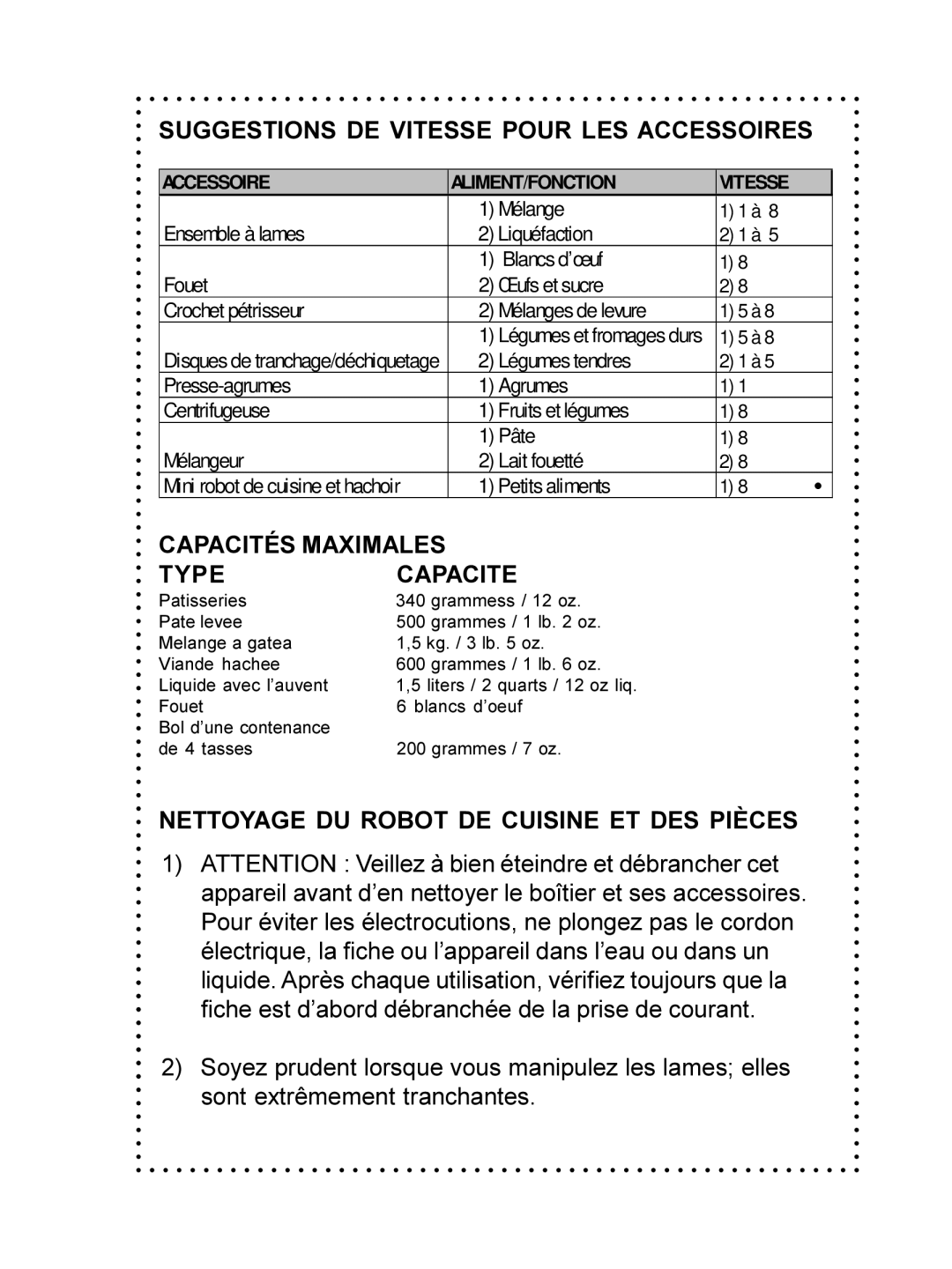 DeLonghi DFP690 Series instruction manual Suggestions DE Vitesse Pour LES Accessoires, Capacités Maximales Type Capacite 