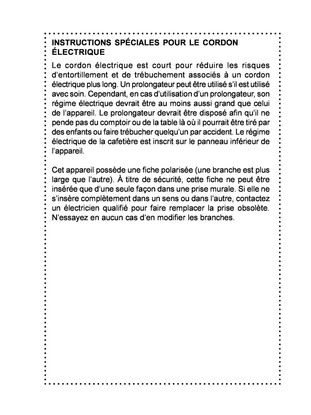 DeLonghi DFP690 Series instruction manual Instructions Spéciales Pour Le Cordon Électrique 