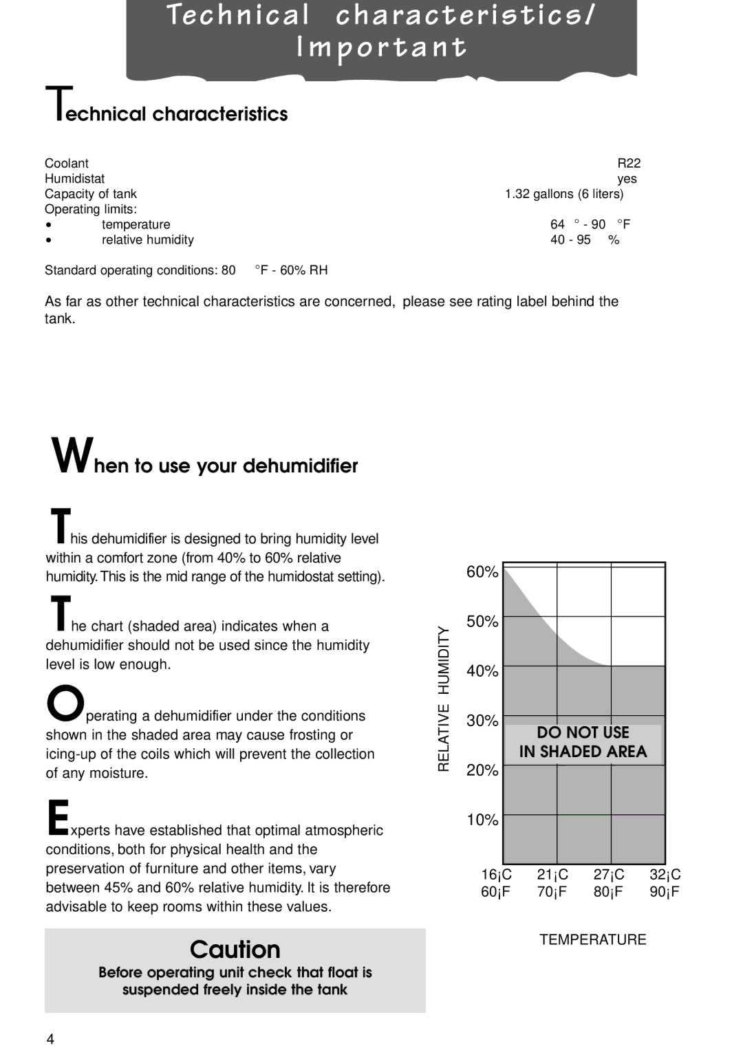 DeLonghi DH100P manual Technical characteristics P o r t a n t, When to use your dehumidifier 