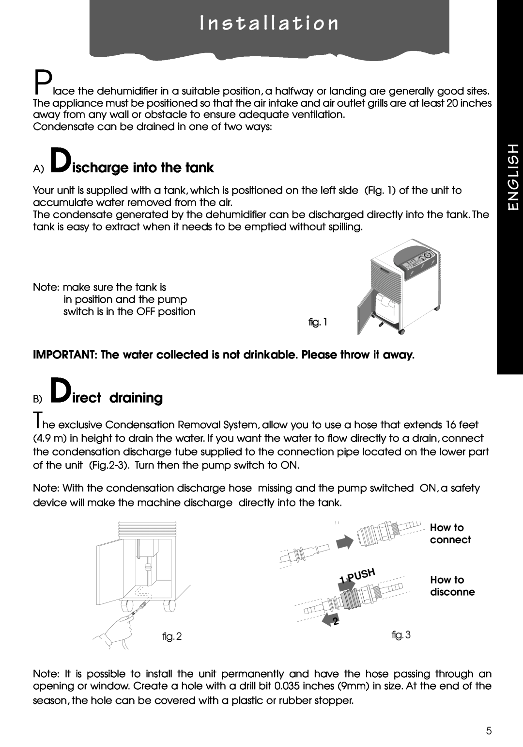 DeLonghi DH100P manual I n s t a l l a t i o n, ADischarge into the tank, BDirect draining, English, Push 