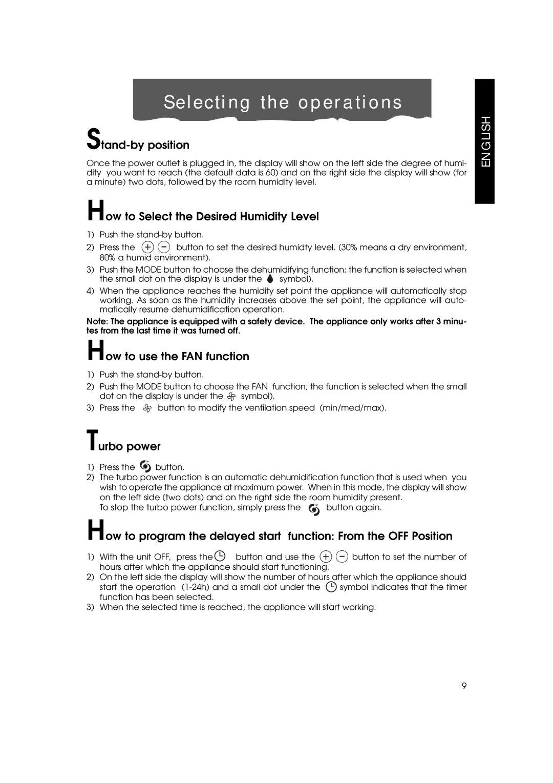 DeLonghi DE 500P, DE500 Selecting the operations, Stand-by position, How to Select the Desired Humidity Level, Turbo power 