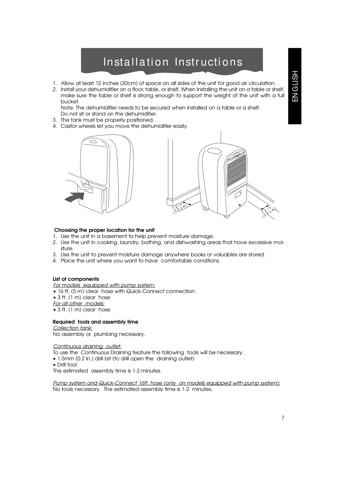 DeLonghi DH400P, DE 400P Installation Instructions, English, For models equipped with pump system, For all other models 