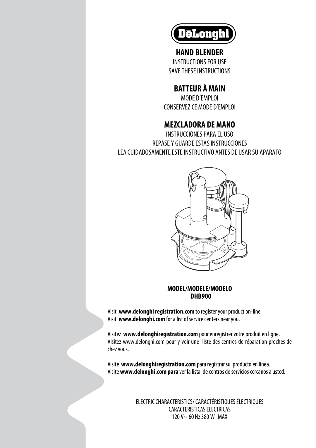 DeLonghi DHB900 manual Model/Modele/Modelo, 120 V~ 60 Hz 380 W MAX 