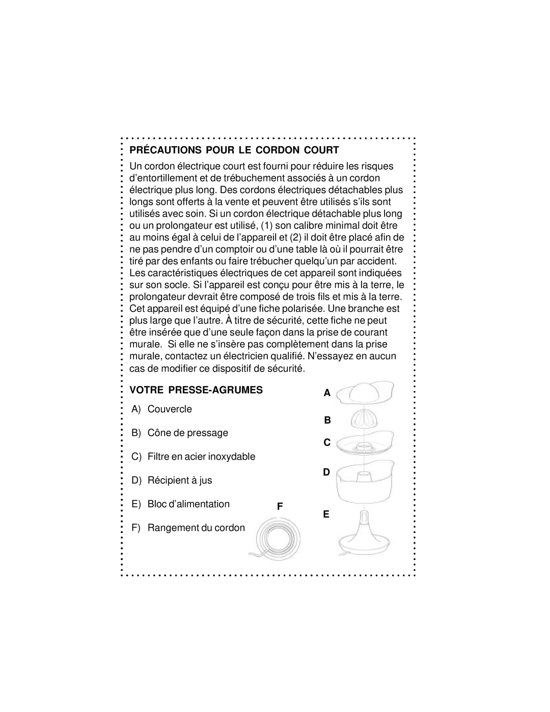 DeLonghi DJE270 instruction manual Précautions Pour LE Cordon Court, Votre PRESSE-AGRUMES 