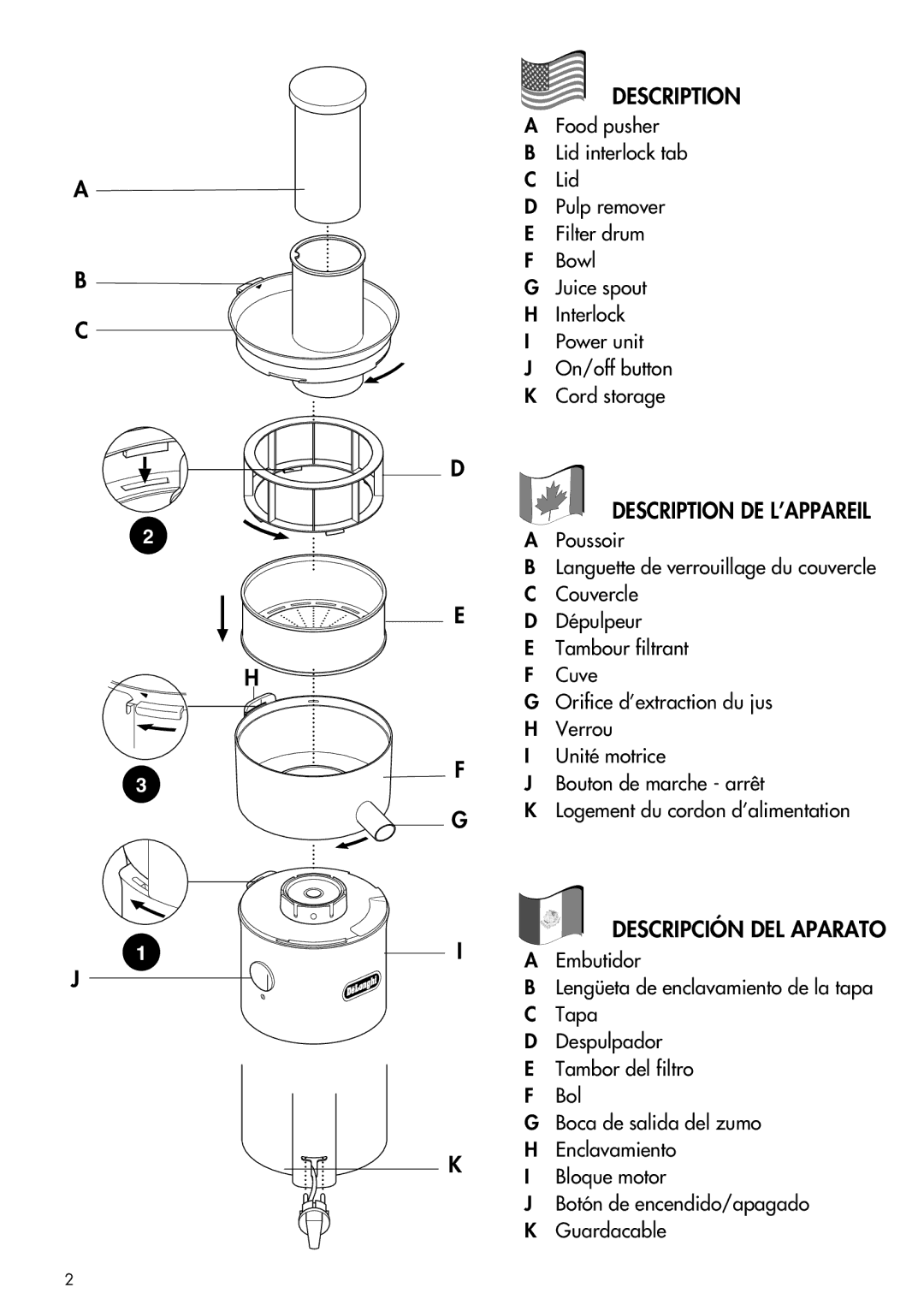 DeLonghi DJE950 manual Description DE L’APPAREIL, Descripción DEL Aparato 