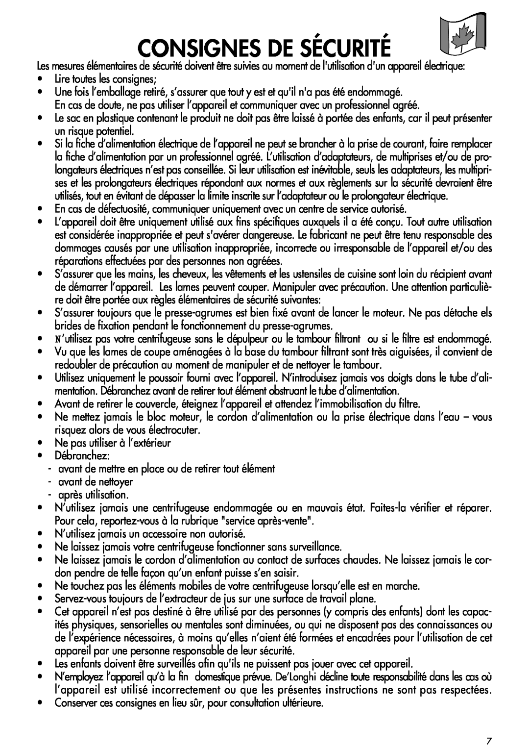 DeLonghi DJE950 manual Consignes De Sécurité 