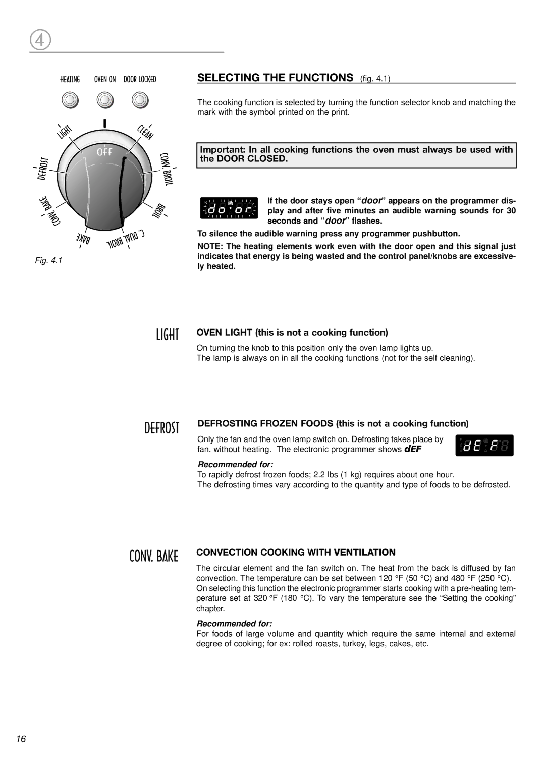 DeLonghi DL 48 P6E manual Selecting the Functions fig, Oven Light this is not a cooking function 