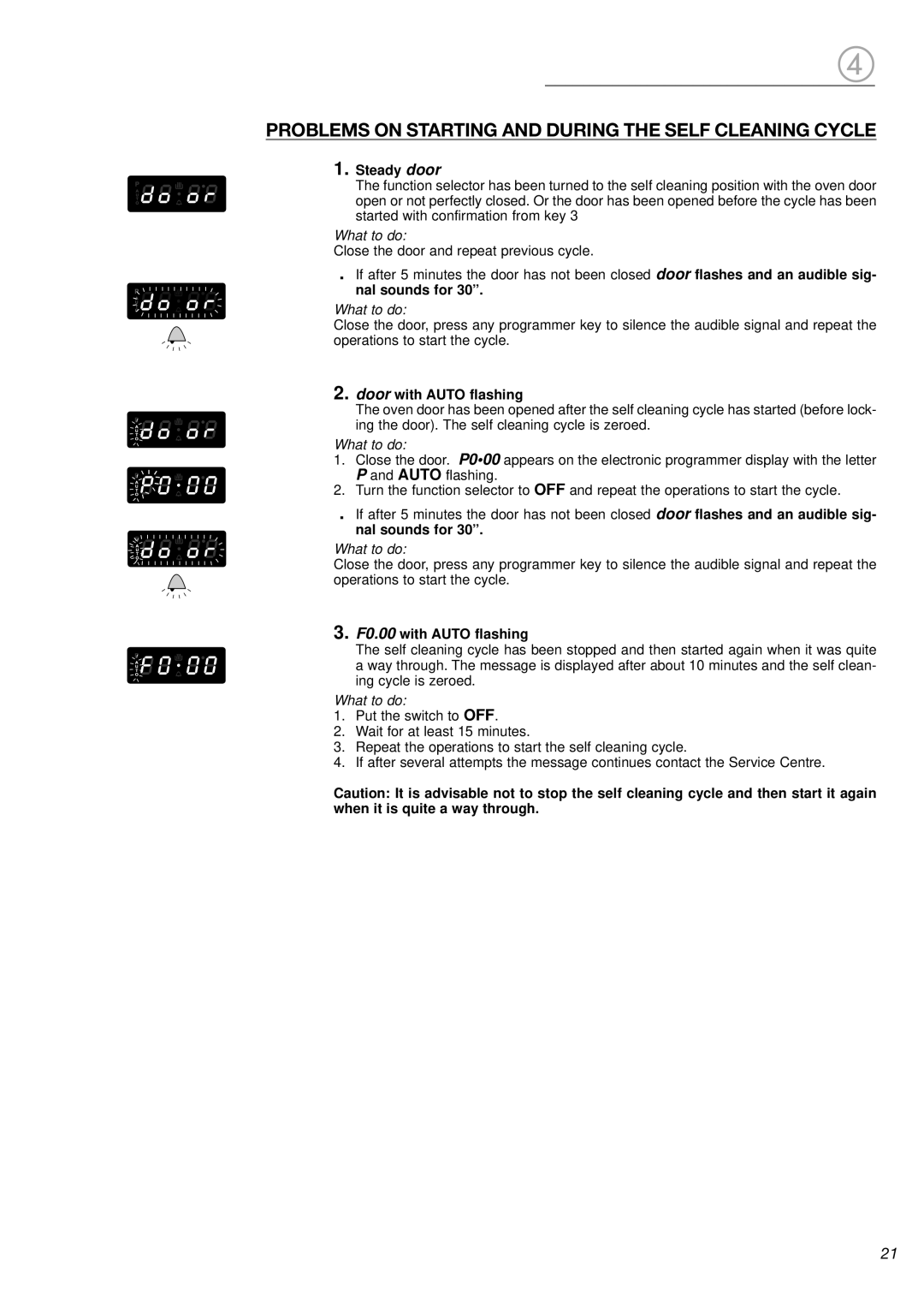 DeLonghi DL 48 P6E manual Problems on Starting and During the Self Cleaning Cycle, Steady door 