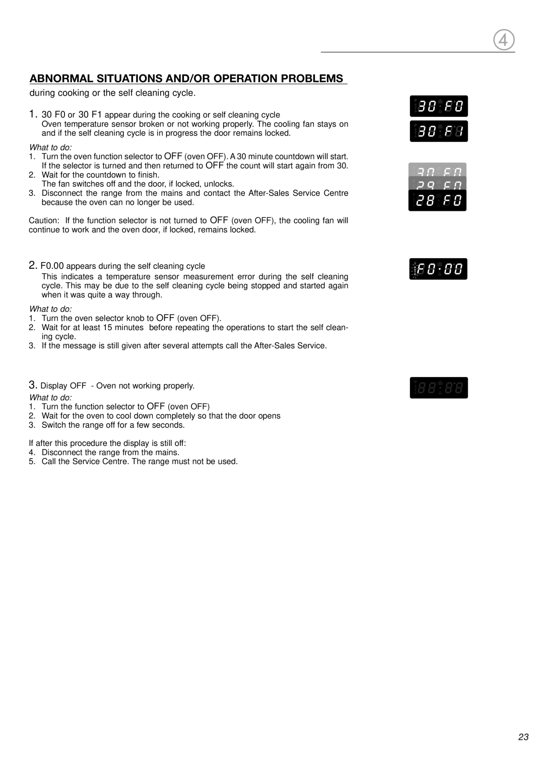 DeLonghi DL 48 P6E manual Abnormal Situations AND/OR Operation Problems, During cooking or the self cleaning cycle 