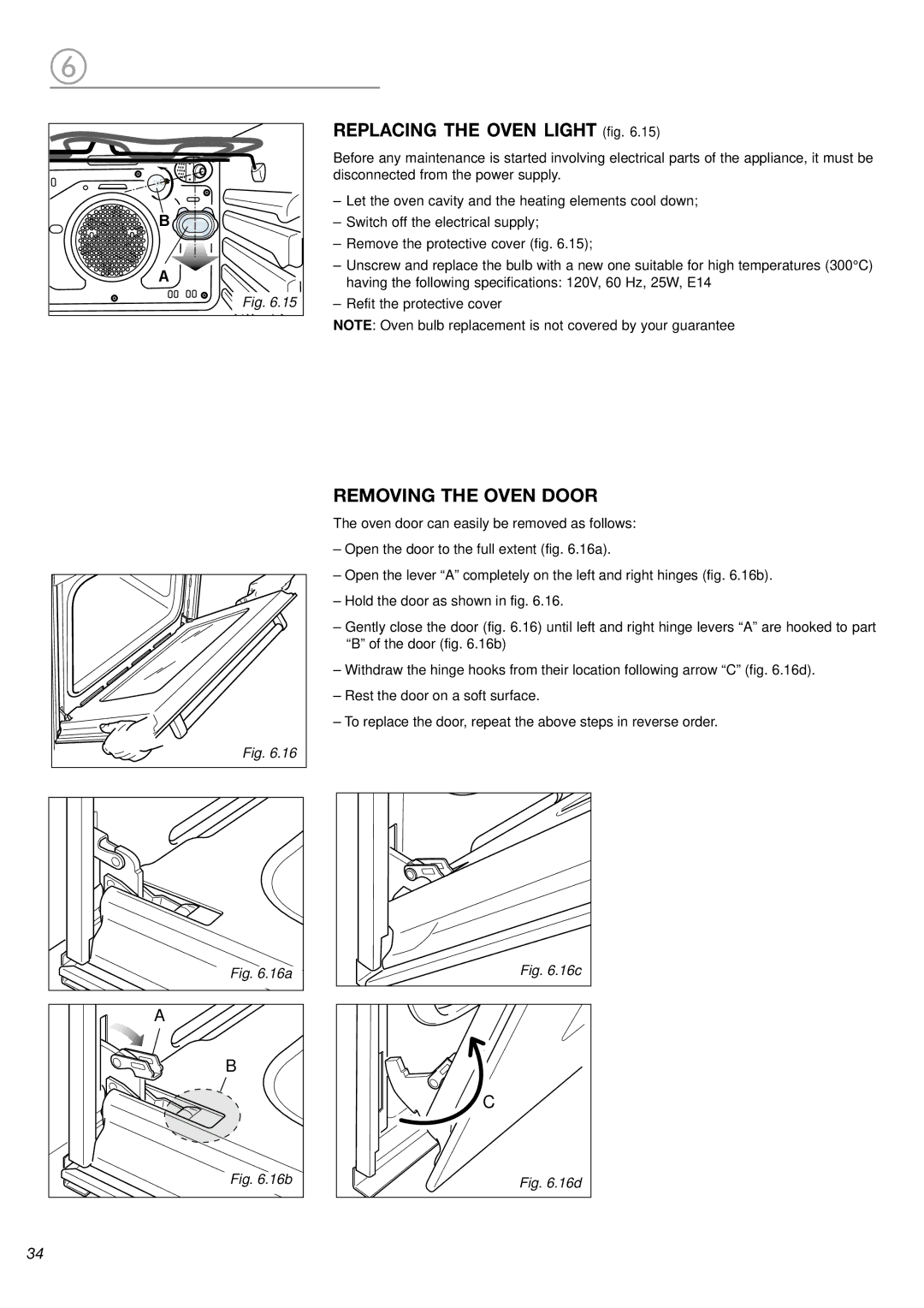 DeLonghi DL 48 P6E manual Replacing the Oven Light fig, Removing the Oven Door 