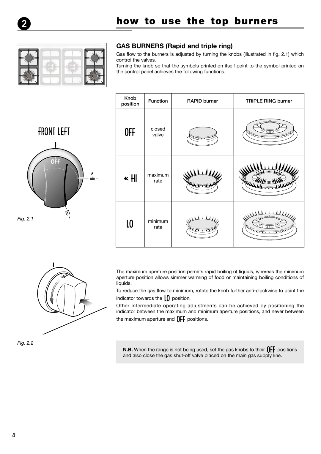 DeLonghi DL 48 P6E manual How to use the top burners, GAS Burners Rapid and triple ring 