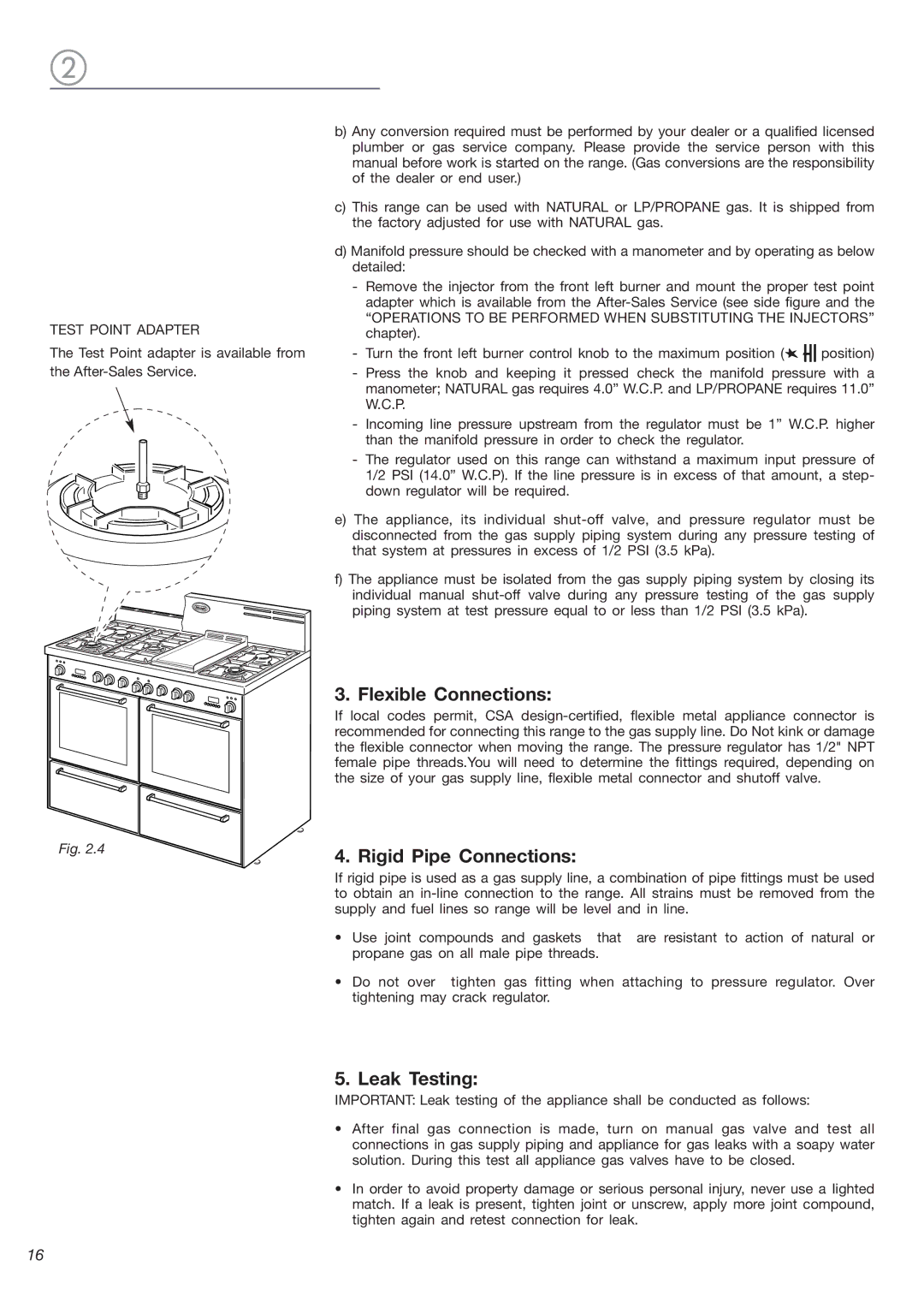 DeLonghi DL 48 P6G, DL48P6G-E warranty Flexible Connections, Rigid Pipe Connections, Leak Testing 