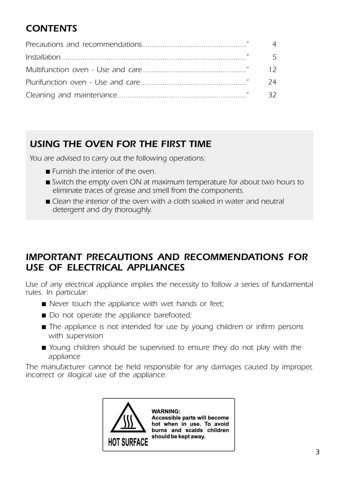 DeLonghi DMFPSII manual Contents, Using the Oven for the First Time 