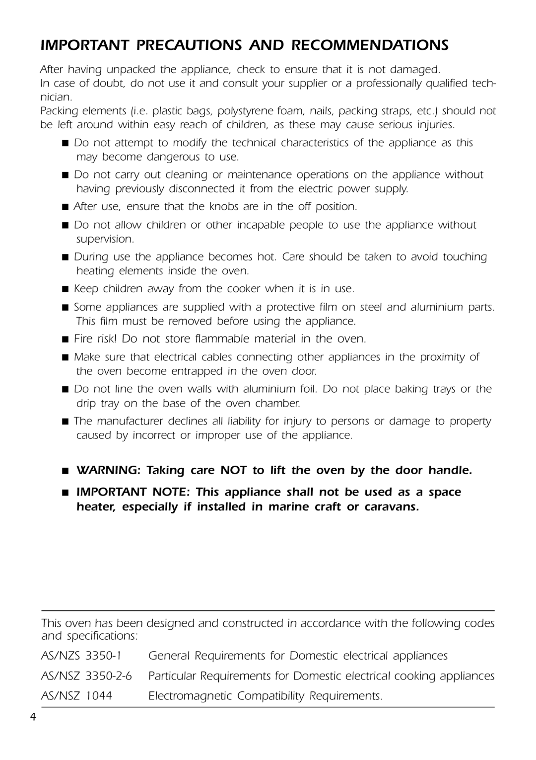 DeLonghi DMFPSII manual Important Precautions and Recommendations, Fire risk! Do not store flammable material in the oven 