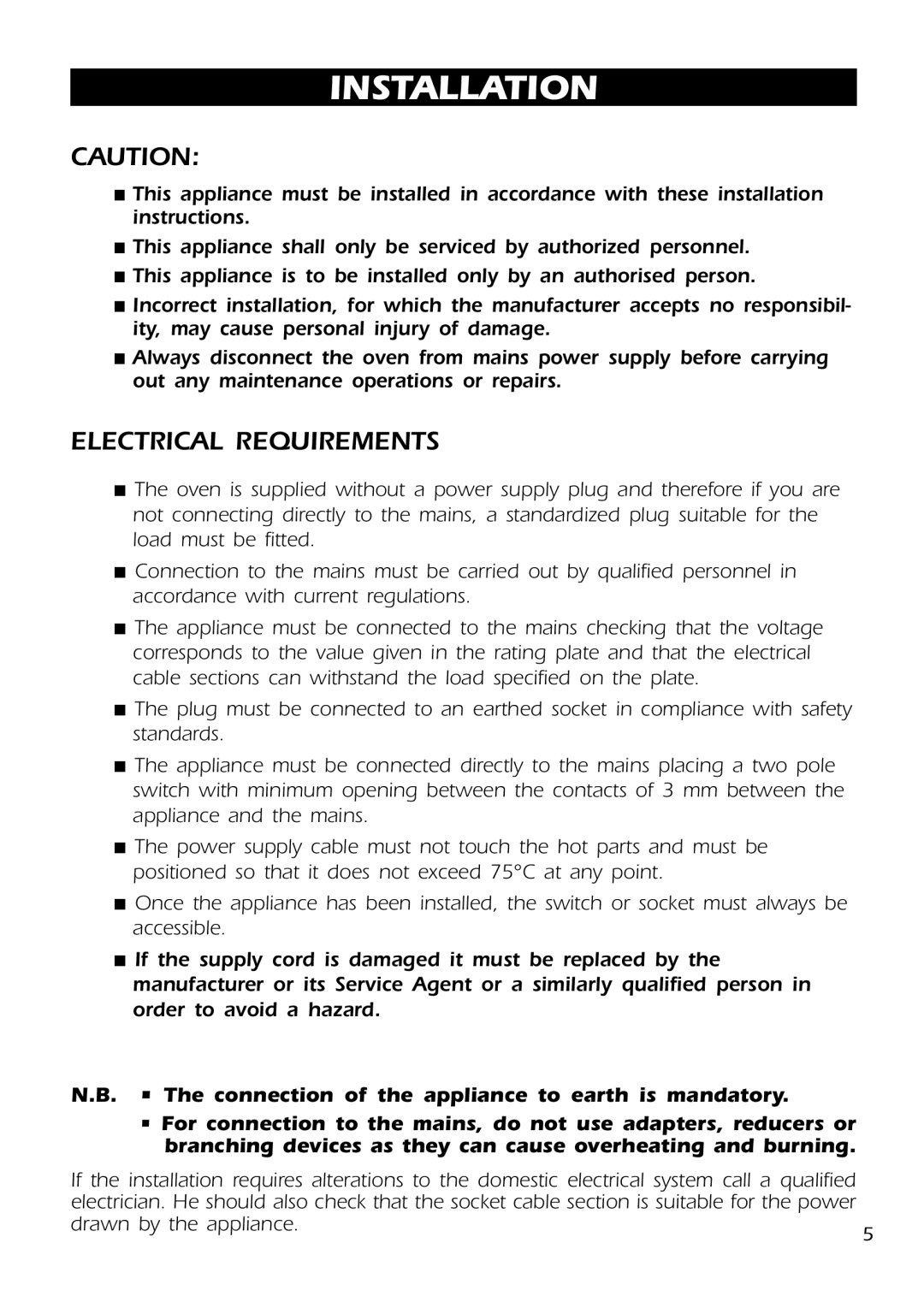 DeLonghi DMFPSII manual Installation, Electrical Requirements 