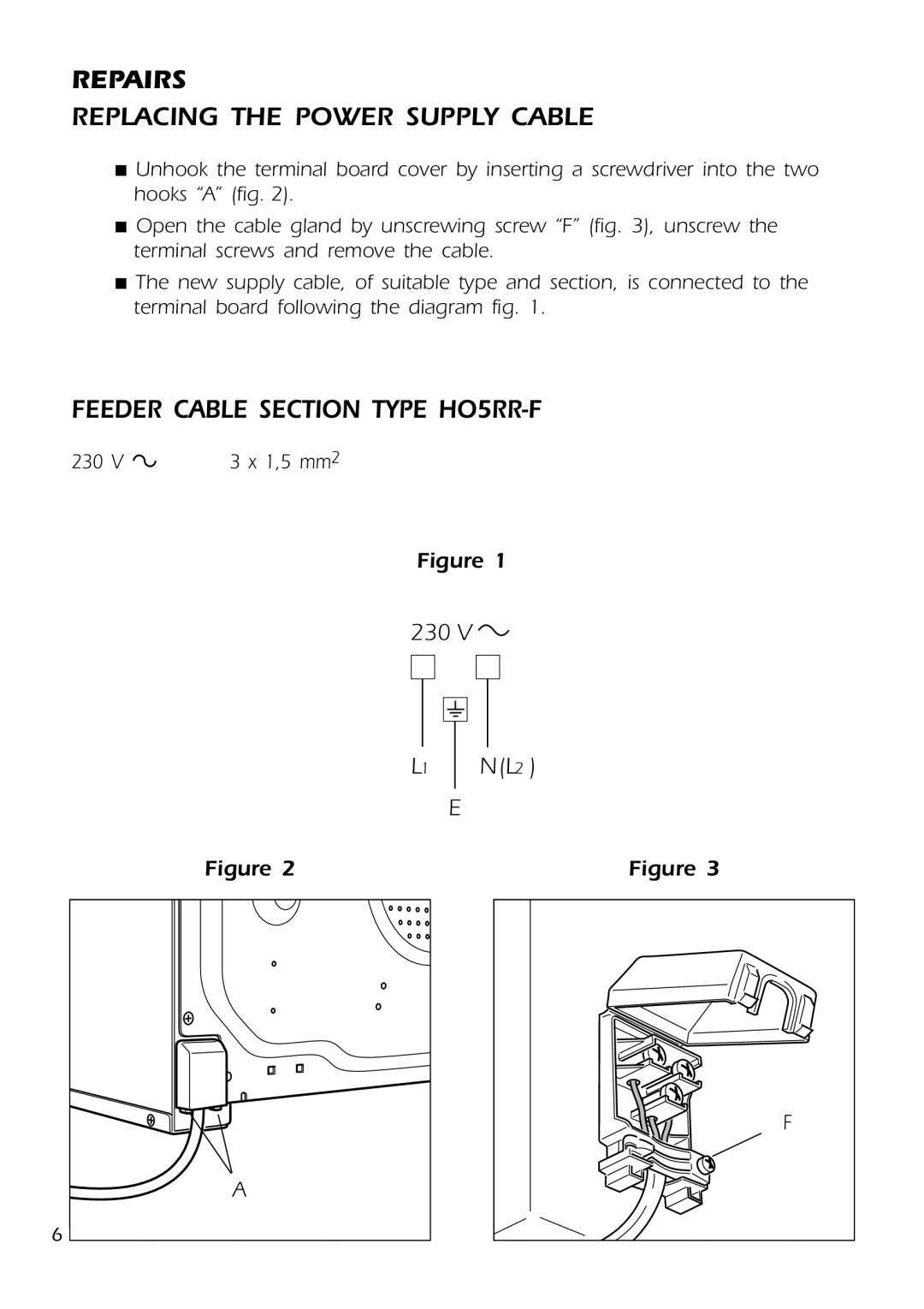 DeLonghi DMFPSII manual Replacing the Power Supply Cable, Feeder Cable Section Type HO5RR-F 