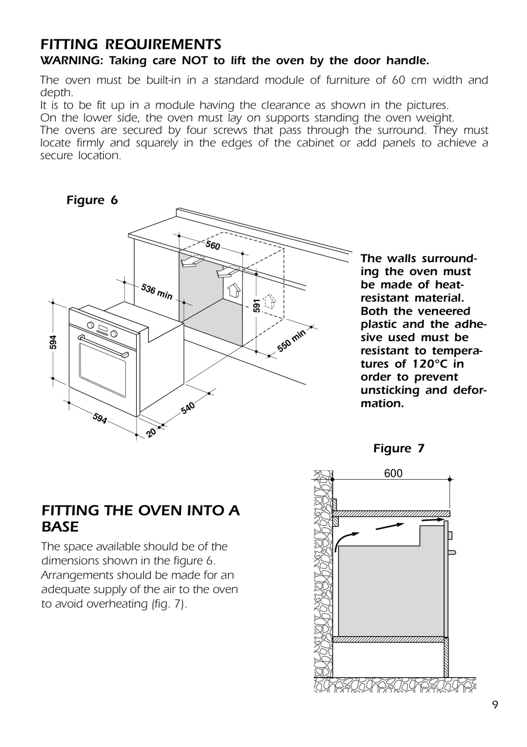 DeLonghi DMFPSII manual Fitting Requirements, Fitting the Oven Into a Base 