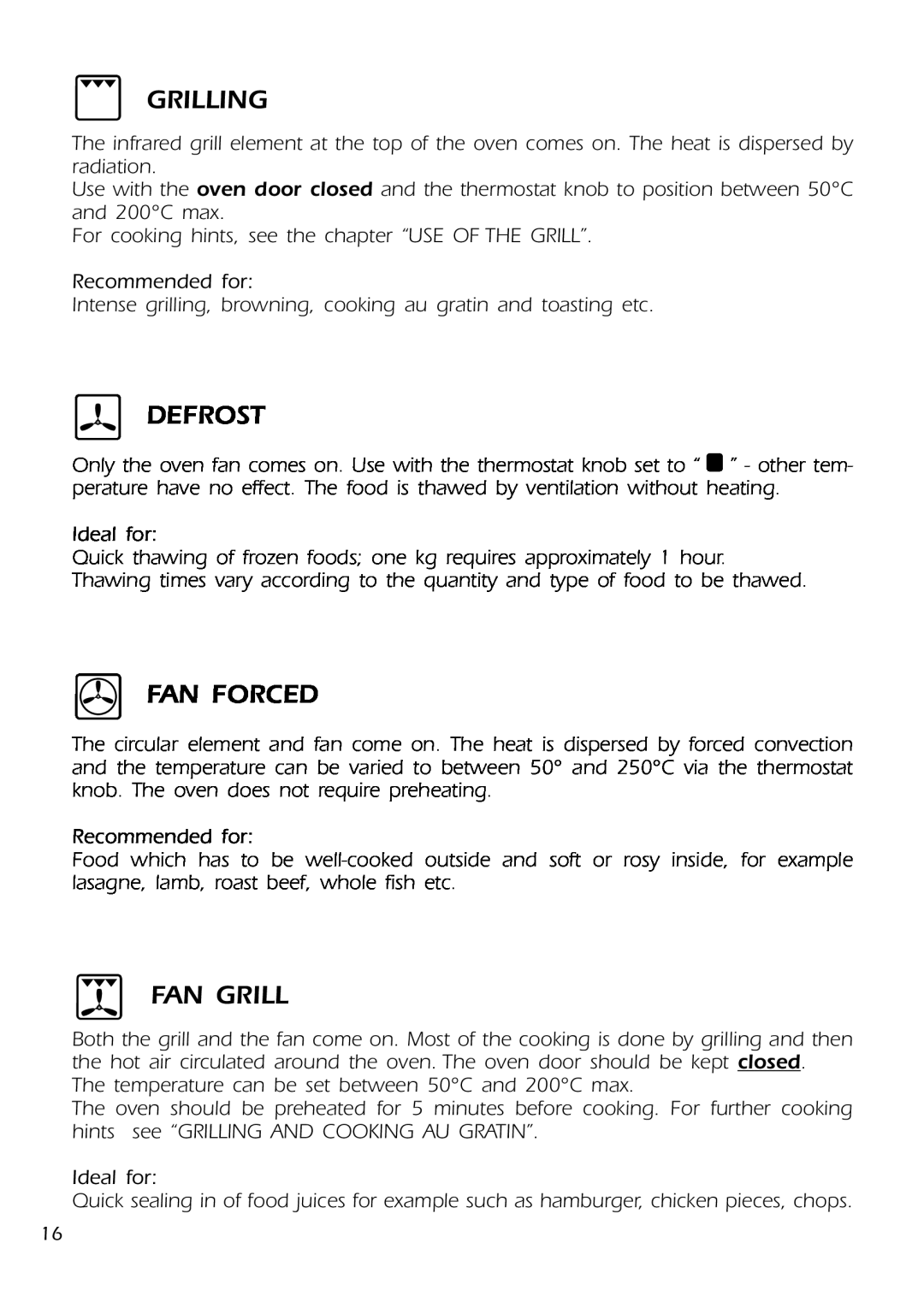 DeLonghi DMFPSII manual Grilling, Defrost, Fan Forced, Fan Grill 