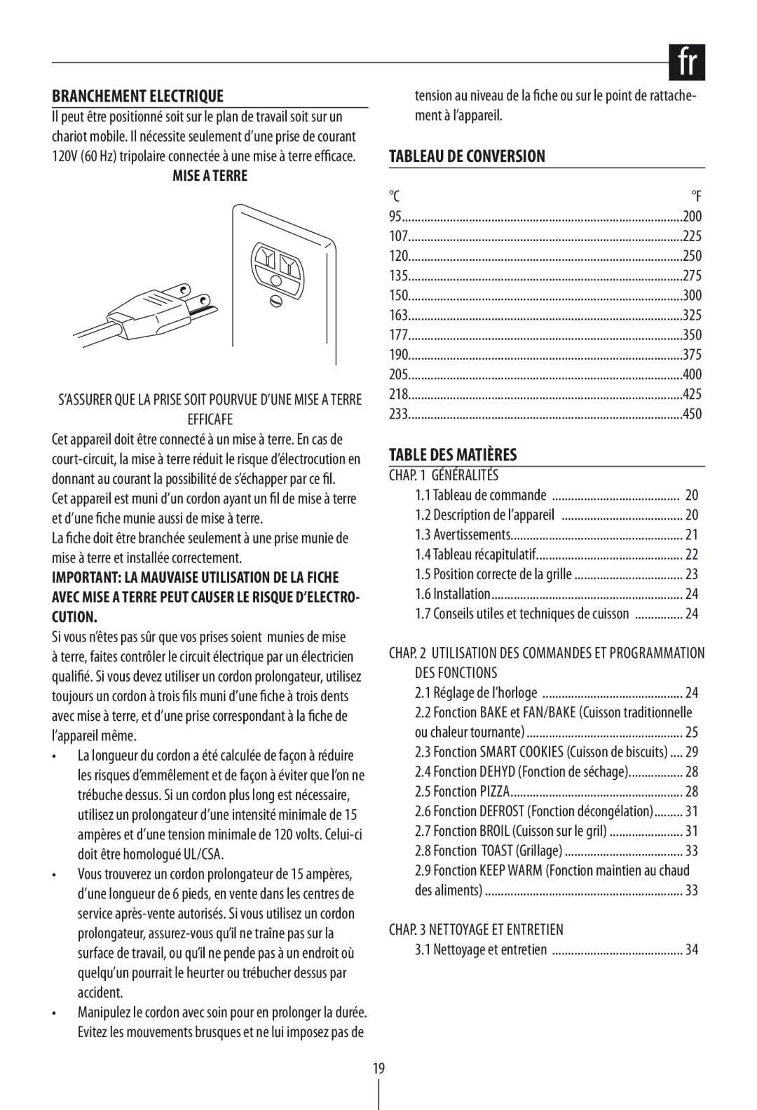 DeLonghi DO1289 manual Branchement Electrique, Tableau DE Conversion, Table DES Matières, Mise a Terre 