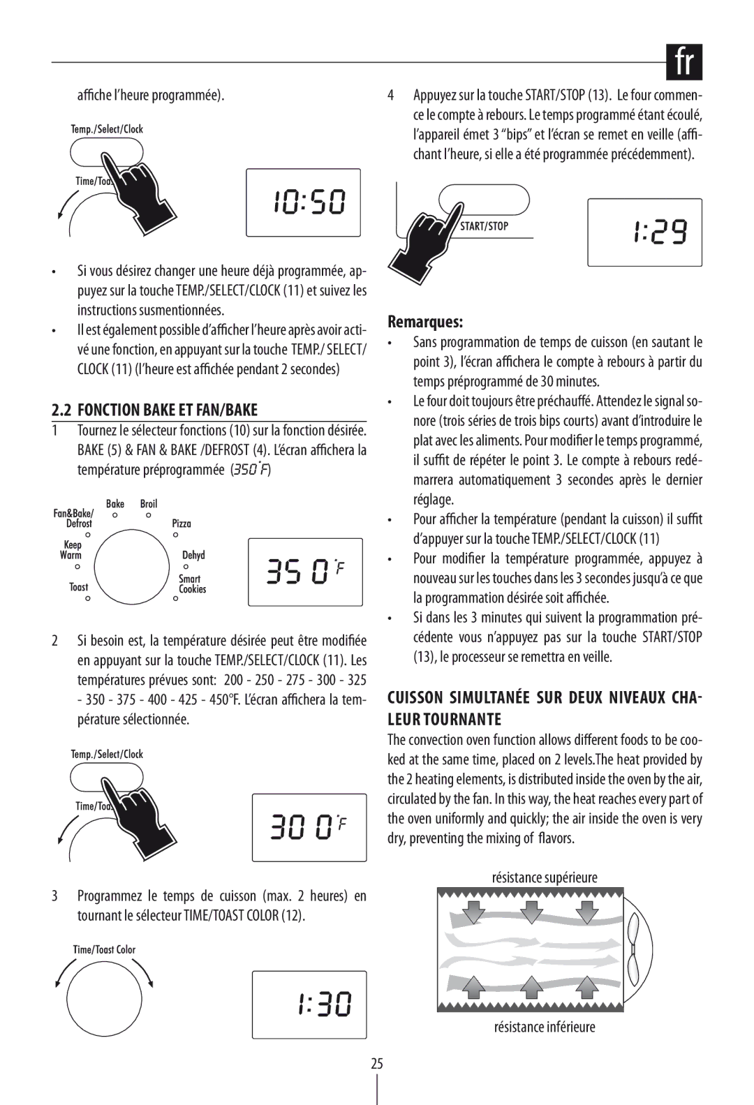 DeLonghi DO1289 manual Fonction Bake ET FAN/BAKE, Remarques, Cuisson simultanée sur deux niveaux cha- leur tournante 