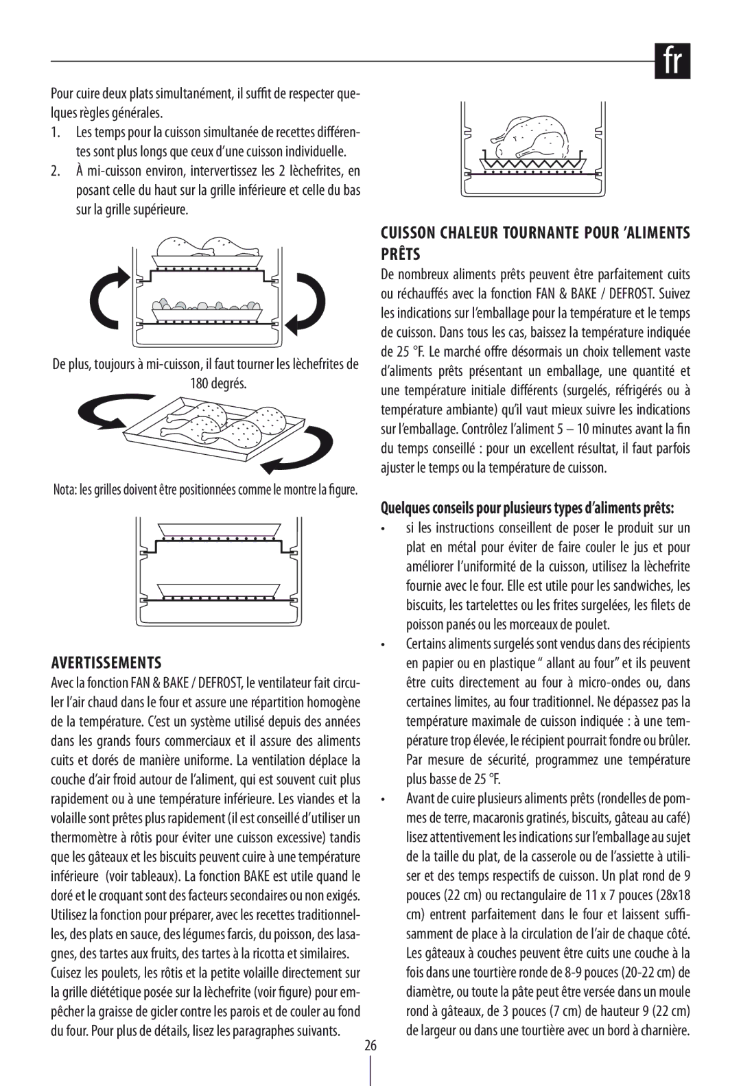 DeLonghi DO1289 manual Cuisson Chaleur Tournante Pour ’ALIMENTS Prêts, Avertissements 