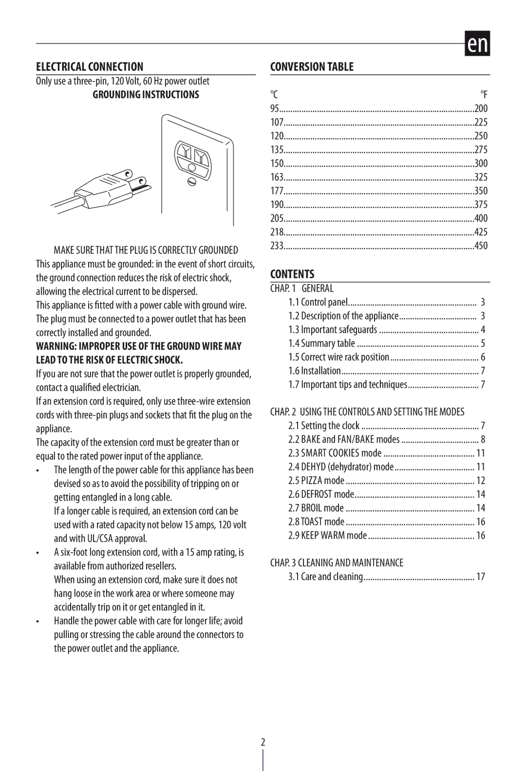 DeLonghi DO1289 manual Electrical Connection, Conversion Table, Contents 