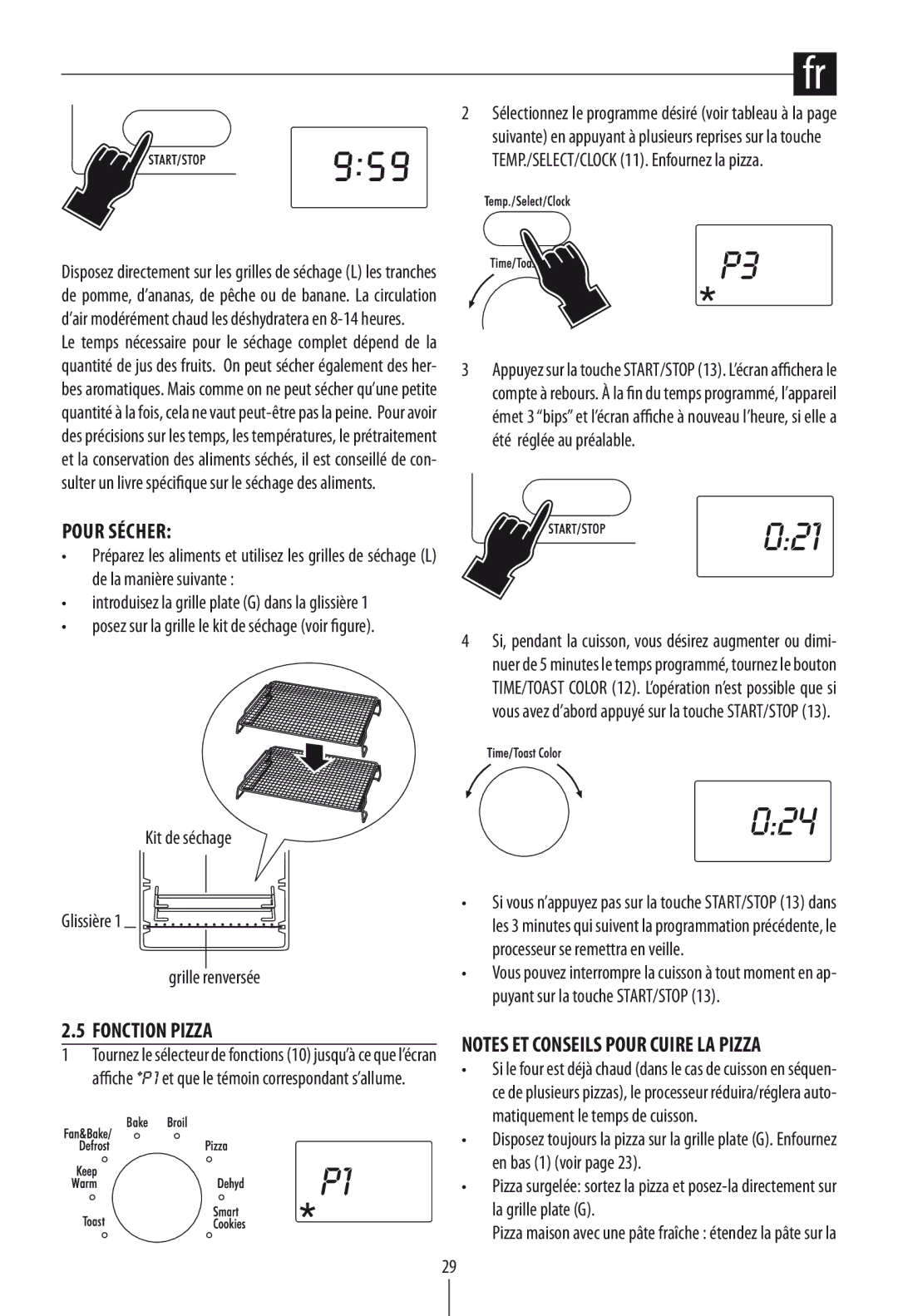 DeLonghi DO1289 manual Pour Sécher, Fonction Pizza, Kit de séchage Glissière Grille renversée 