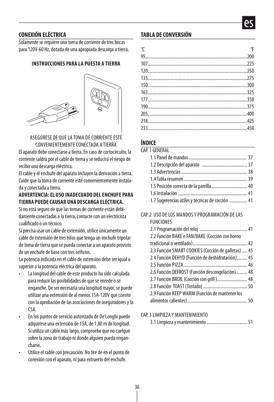 DeLonghi DO1289 manual Conexión Eléctrica, Tabla DE Conversión, Índice, Instrucciones para la puesta a tierra 