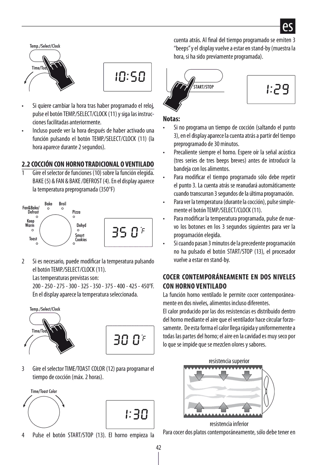 DeLonghi DO1289 manual Notas, Cocer contemporáneamente en dos niveles con horno ventilado, Las temperaturas previstas son 